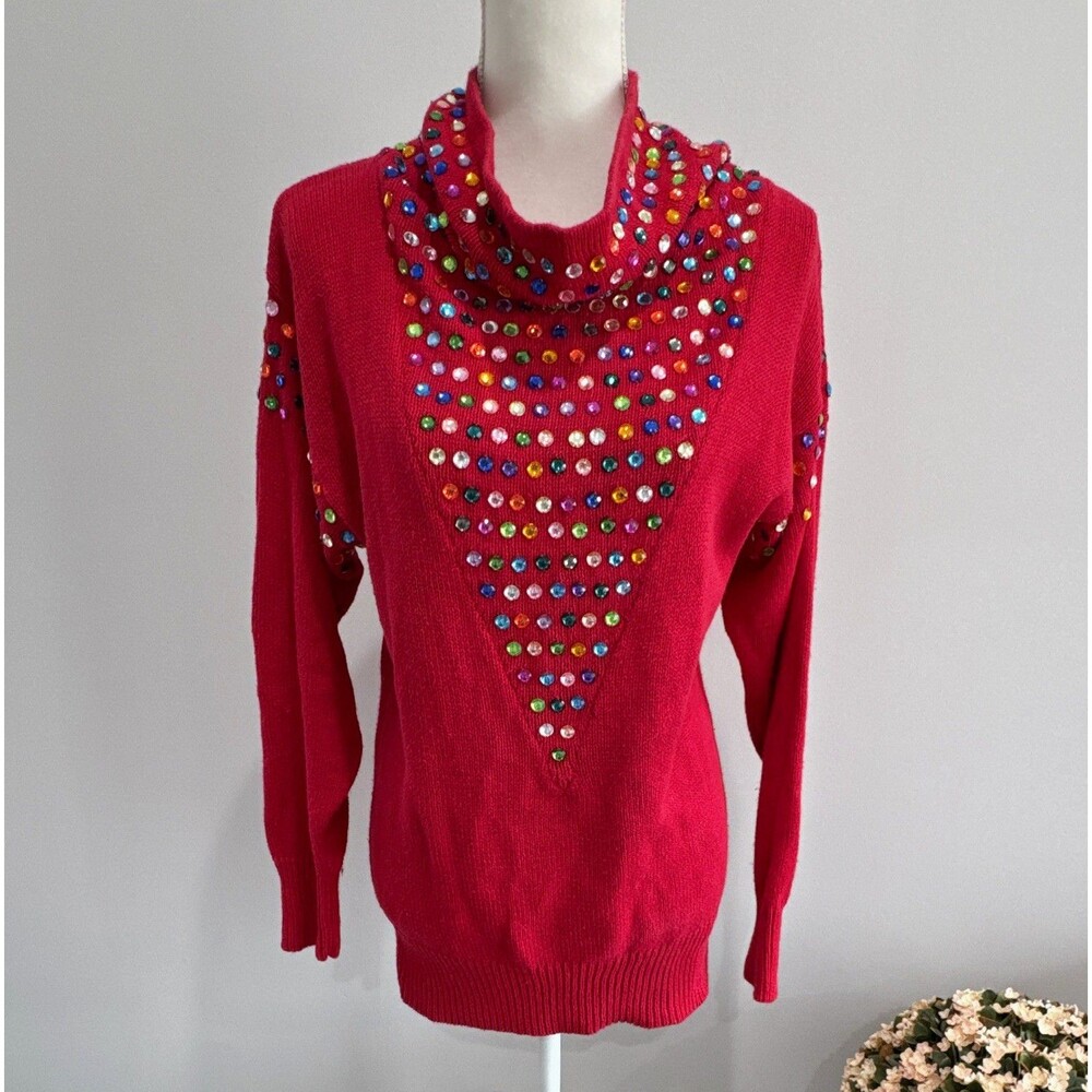 Spree International Red Beaded Cowl Neck Knit Pullover Sweater Long Sleeve Sz S
